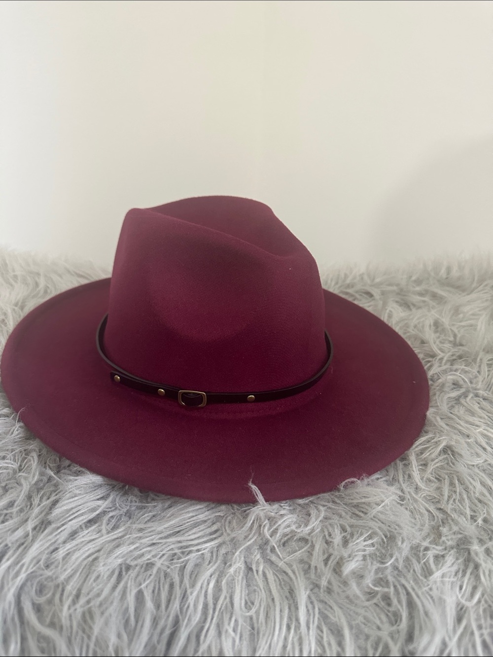 Wide Brim Fedora Hat in Burgundy with Decorative Band